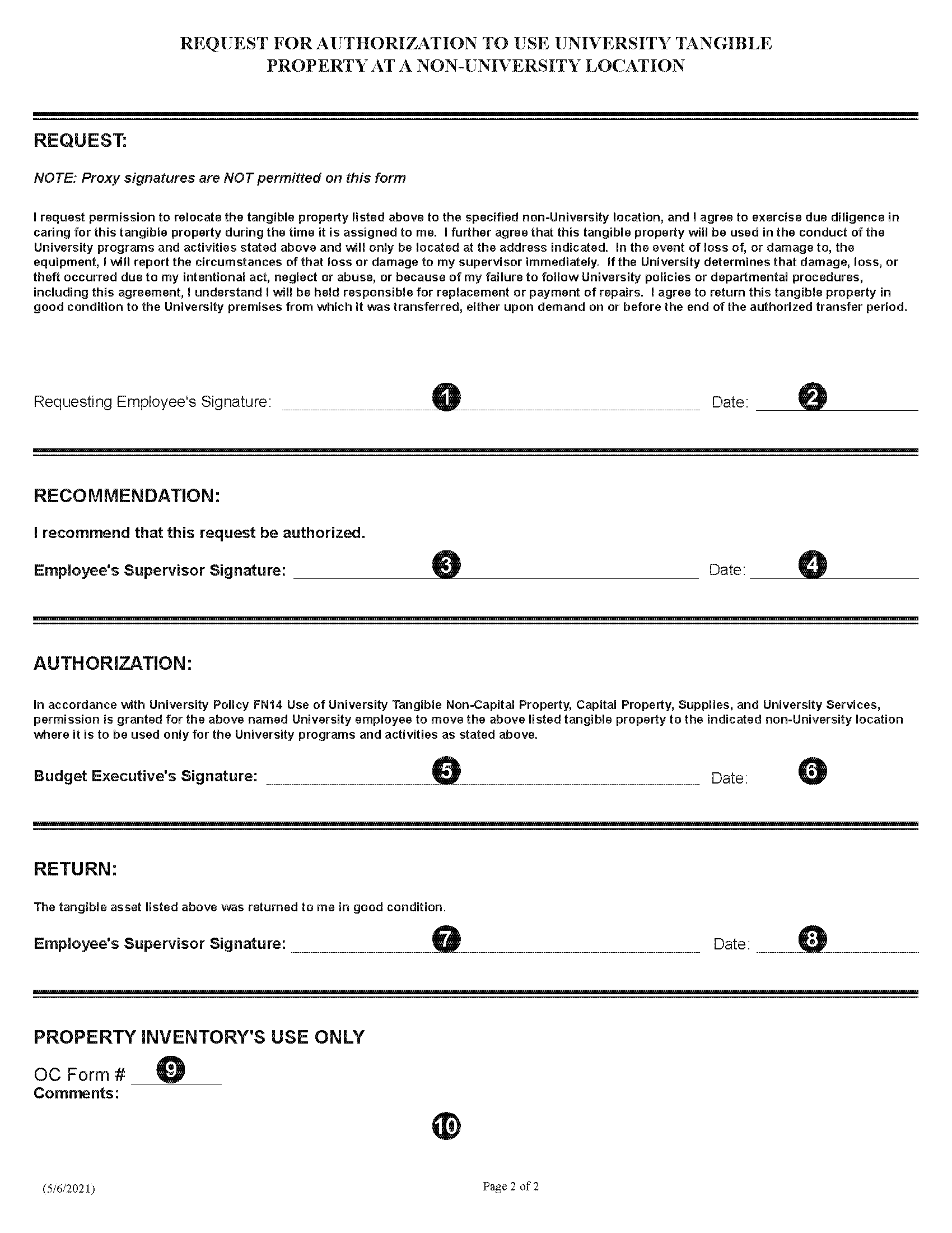 Image of Request for Authorization to use University Tangible Property at Non-University Locations Form - Page 2